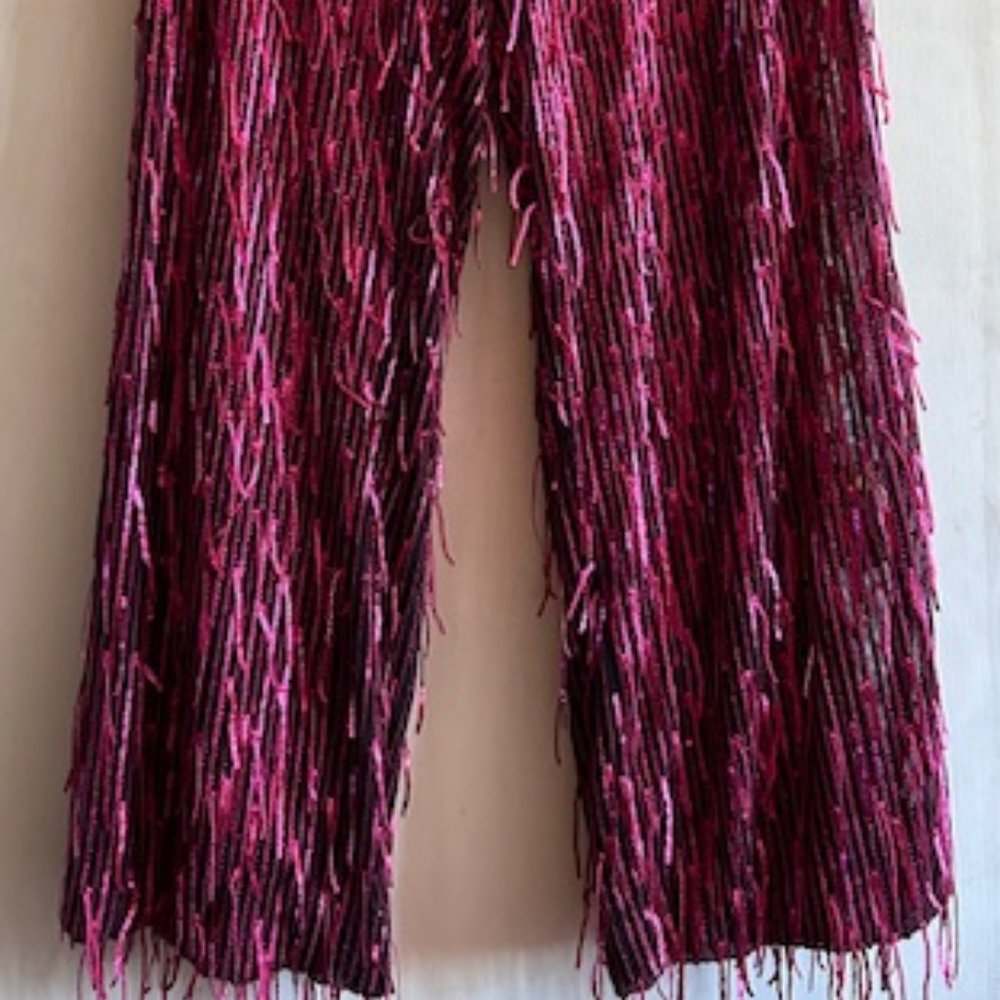 Anthropologie Maeve Fringed Lush Deep Raspberry Lined Sequined Wide Leg Pants